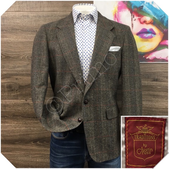 VINTAGE Mens Tweed Blazer Sport Coat Casual Jacket Size 42R Classic Wool Suit